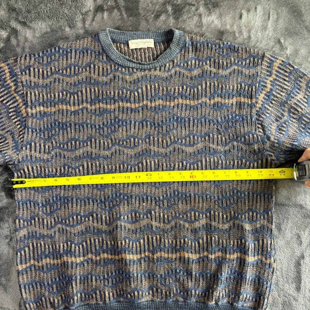 Tricots St Raphael Mens Large Vintage Blue Brown Geometric Wave‎ Knit Sweater L